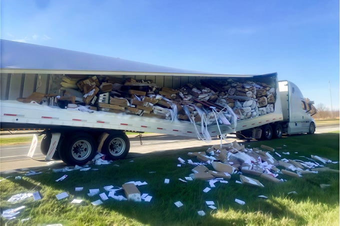 image of overturned truck with direct mail pieces spilling onto the highway