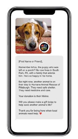 A text message provides a photo and an update about a pet previously featured in an appeal.