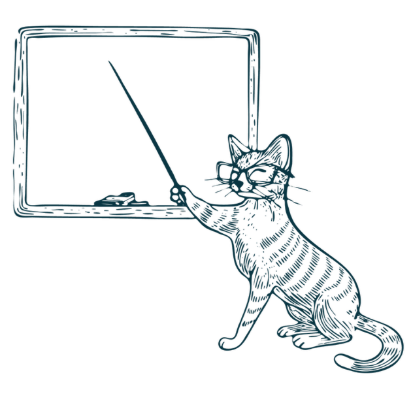 The cat with eyeglasses points to a chalkboard.