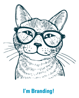A cat with eyeglasses says, "I'm Branding!"