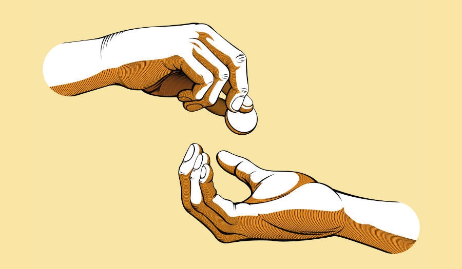 One hand giving a coin to a second hand